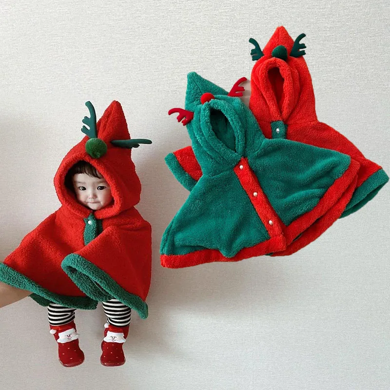 

2023 милая плюшевая Рождественская накидка с оленем для новорожденных, верхняя одежда с капюшоном для маленьких девочек, праздничное пальто ...