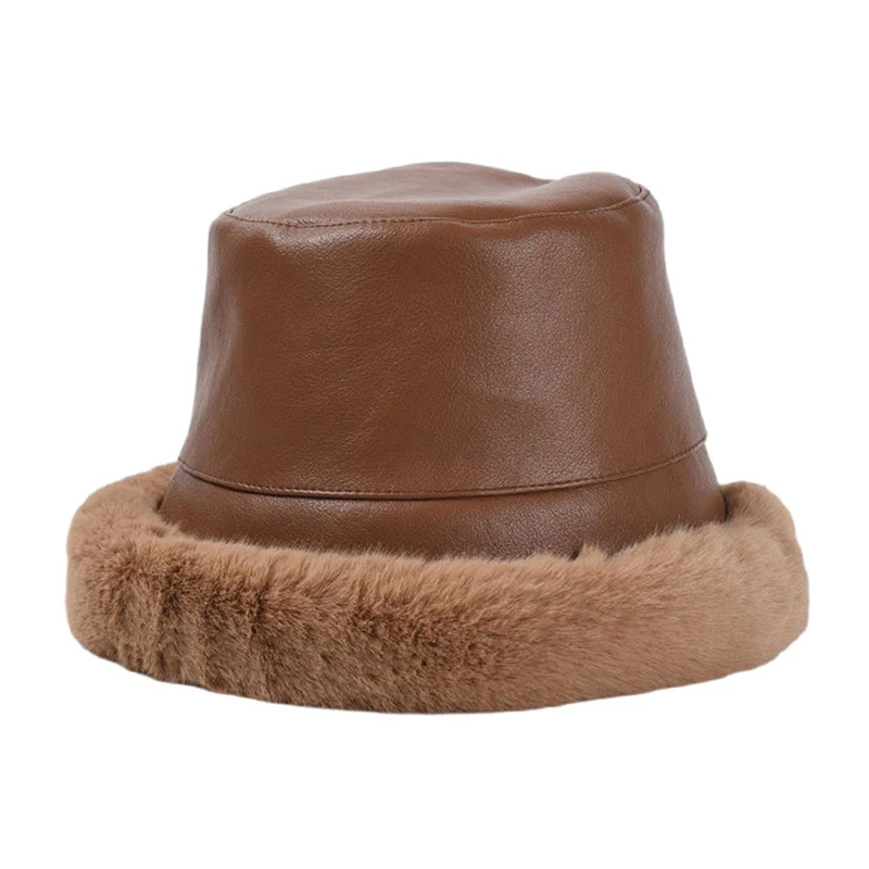 

Warm Winter Fur Bucket Hat For Women Fashion Faux Leather Thickene Plush Warm fisherman's Cap Casual Flat Basin Hat Warm