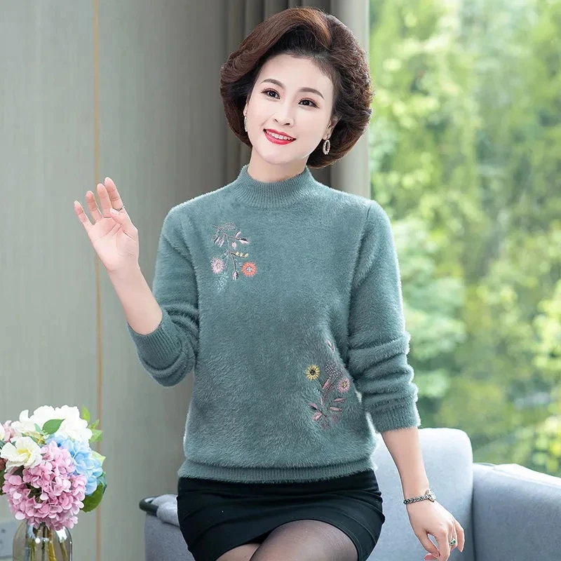 

Imitation Mink Velvet Sweater Half Collar Middle-Aged Elderly Women Knitted Sweaters Pullover Fautumn Winter Bottoming Shirt