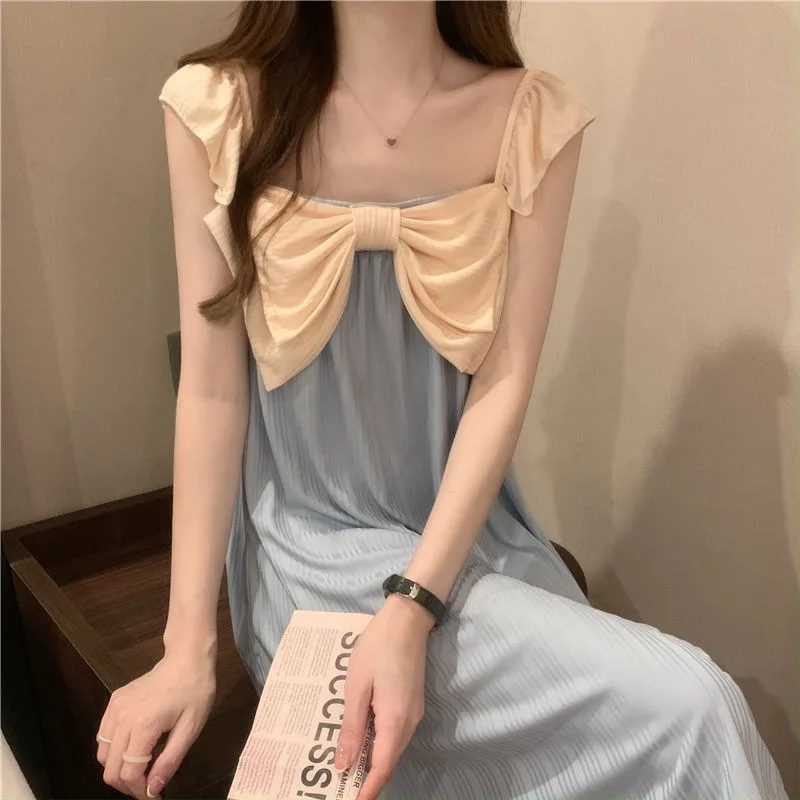 

Women Summer Nightgown Bows Sling Sleepwear Home Patchwork Casual Loose Long Clothing Dress Female