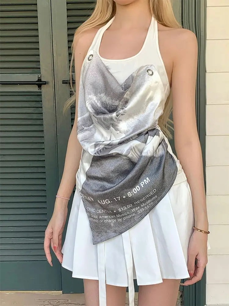 

Hikigawa шикарные модные женские американские футболки Y2k с имитацией двух частей сексуальные футболки с лямкой на шее Без Рукавов Летняя уличная одежда Повседневный женский топ с принтом