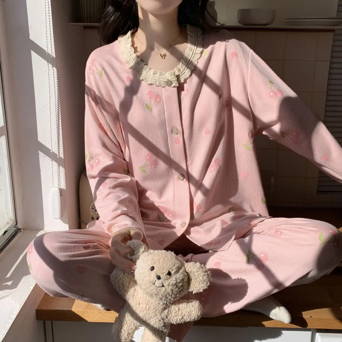Весенне-осенняя модная женская повседневная милая розовая одежда для сна с