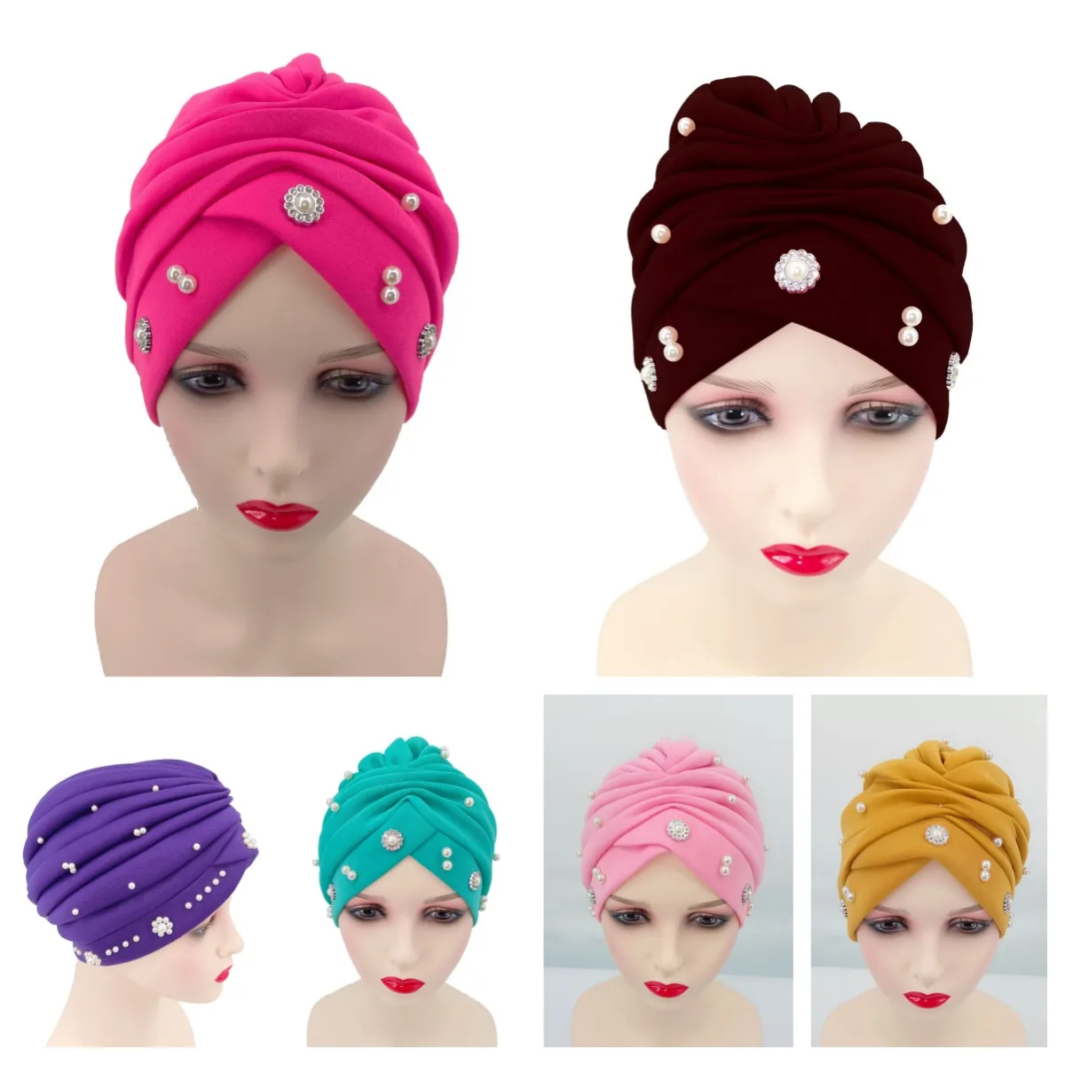 

New Pleated Turban Hat With Beaded Women Party Headwear Hat African Headtie Muslim Turban Caps Female Head Wrap 6 Pcs/pack