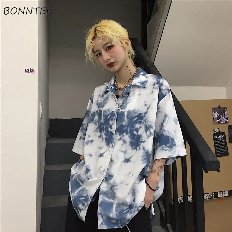 

Shirts Women Printed Korean Style Ins Retro Tie-dye top Half-sleeve Casual Fashion Camisa couple Cool Streetwear Popular Unisex