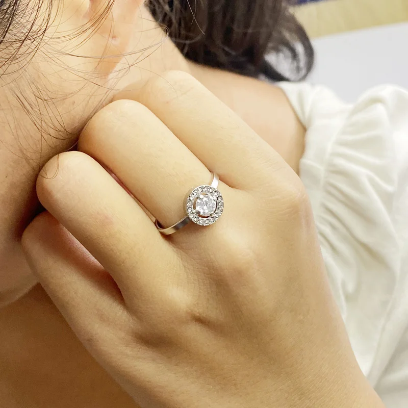 

Adjustable Possible Stainless Steel White Crystal CZ Stone Round Pendant Bridal Engagement Finger Ring For Women Wedding Jewelry