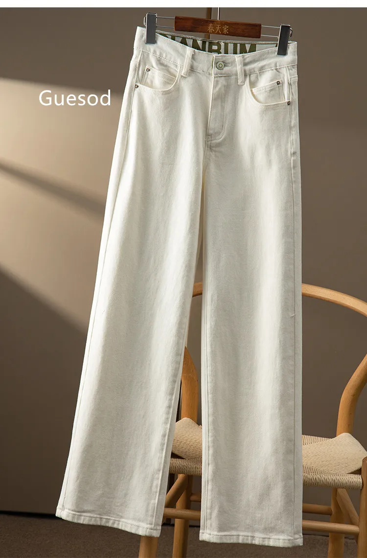 

Women White Jeans High Waist Straight Wide Leg Long Pants Female New