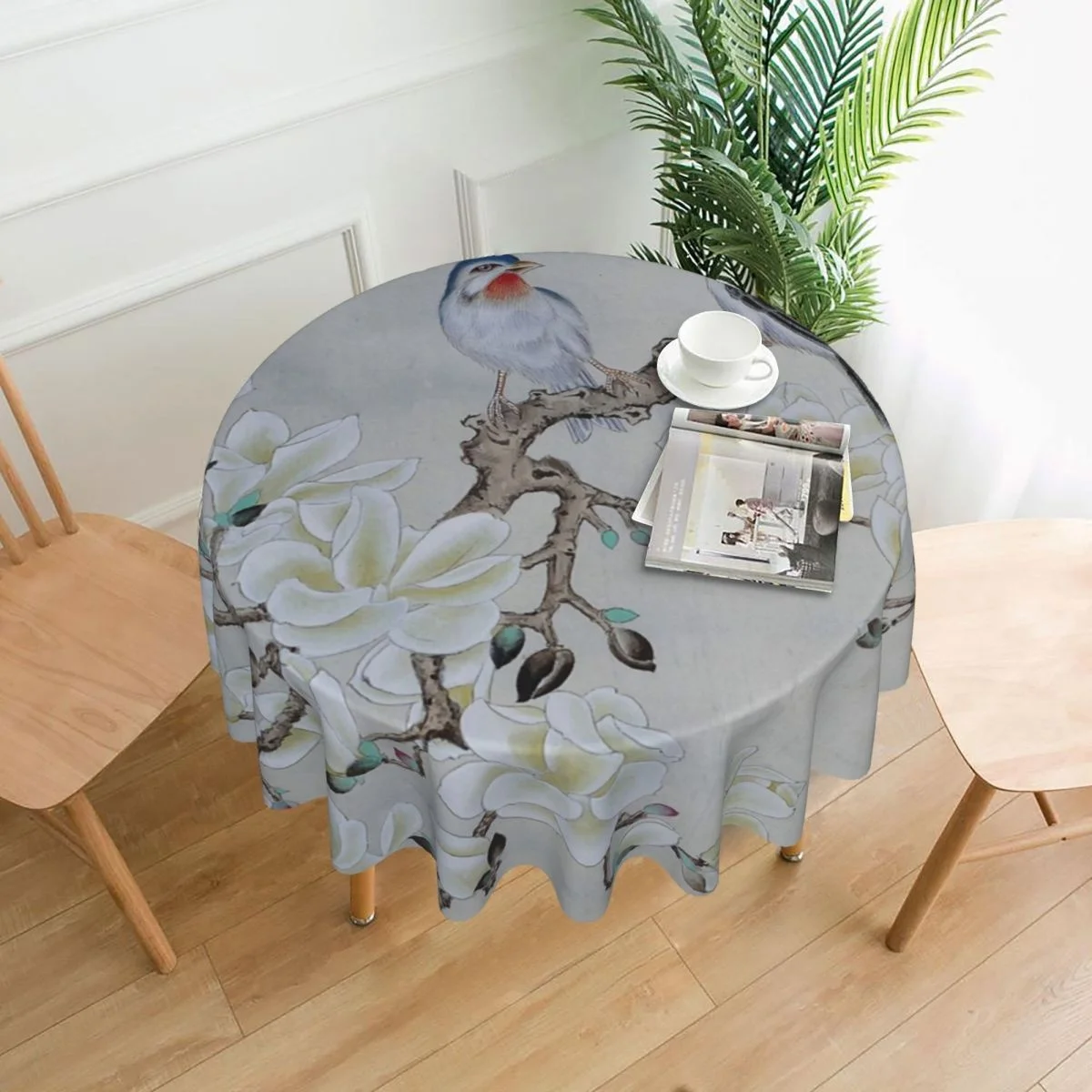 

White Magnolia Table Cloth Flower and Birds Desk Cover Polyester Painted Dustproof Round Picnic Blanket for Dining Table Gift