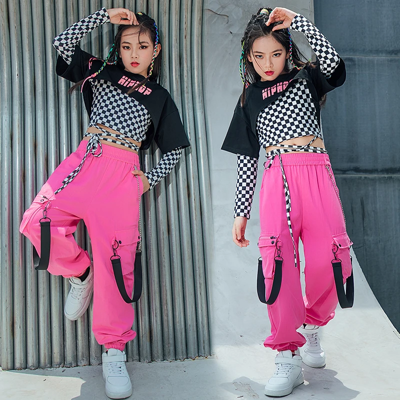 

Wear Street Dance Costume Children Hip Hop Dance Clothes Lattice Tops For Girls Casual Cargo Pants Jazz Performance Rave