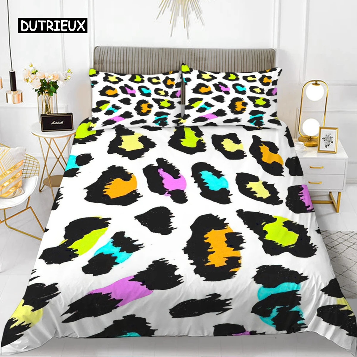 Leopard Print Duvet Cover Set Queen Size Girl Colorful Cheetah Bedding Polyester Wild Animal Theme Comforter