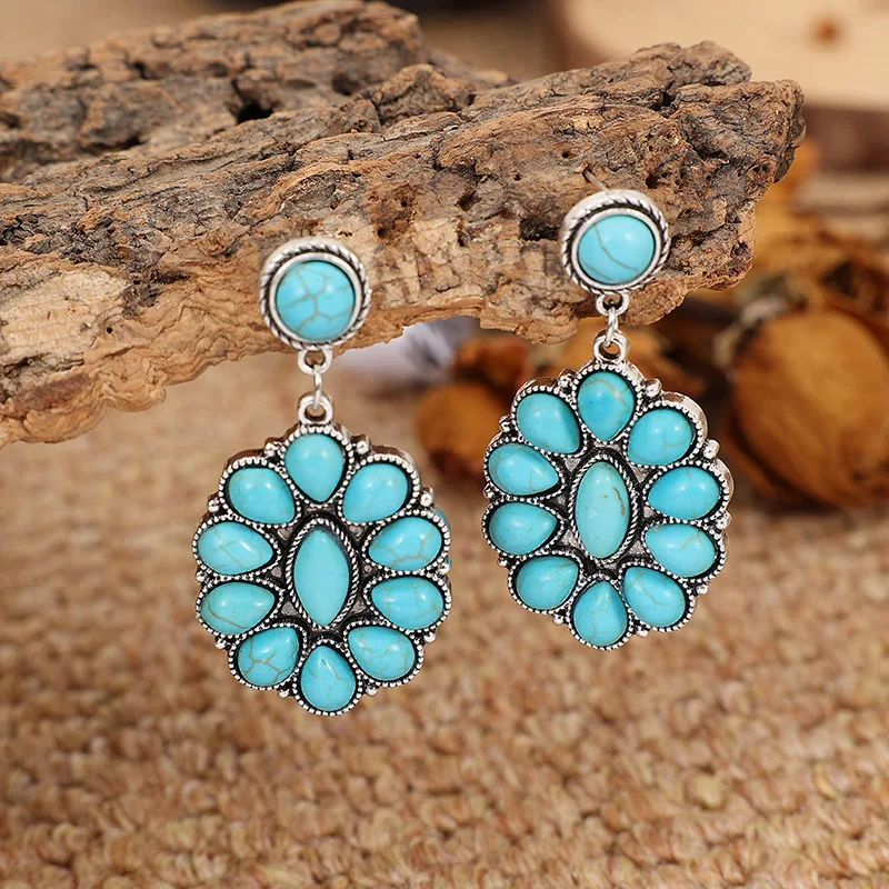 

Squash Blossom Turquoise Post & Dangle Earrings Country, Wedding, Gift, Boho Double Concho Turquoise Earrings for Women Bohemian