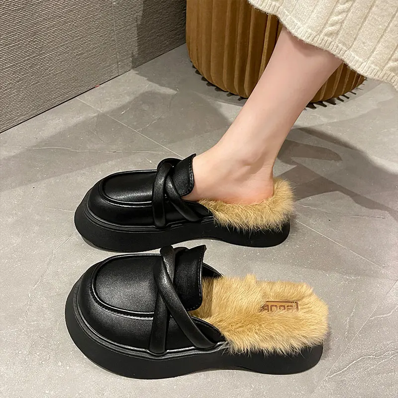 

Med Loafers Flat Shoes Female Cover Toe Womens Slippers Outdoor Fur Flip Flops Slides Platform Mules Sexy Pantofle Plush Soft