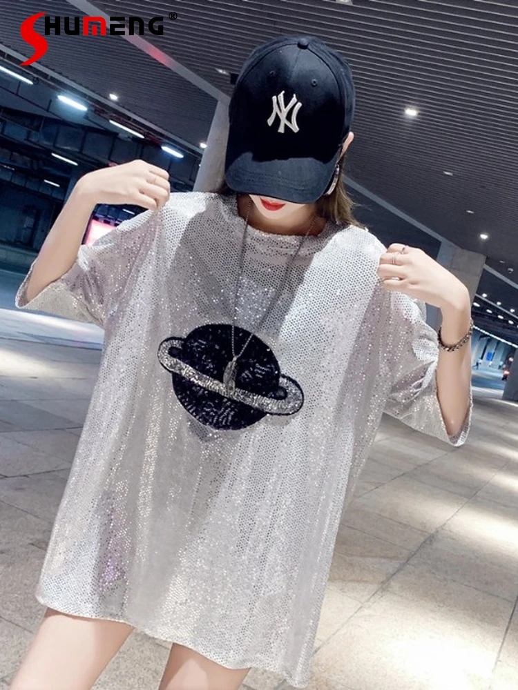 

Woman's Short Sleeve Sequin Shiny Mid-length T-shirts 2022 Summer New Casual Mid-Length Loose Punk Clothes Bright Silk Tees Top