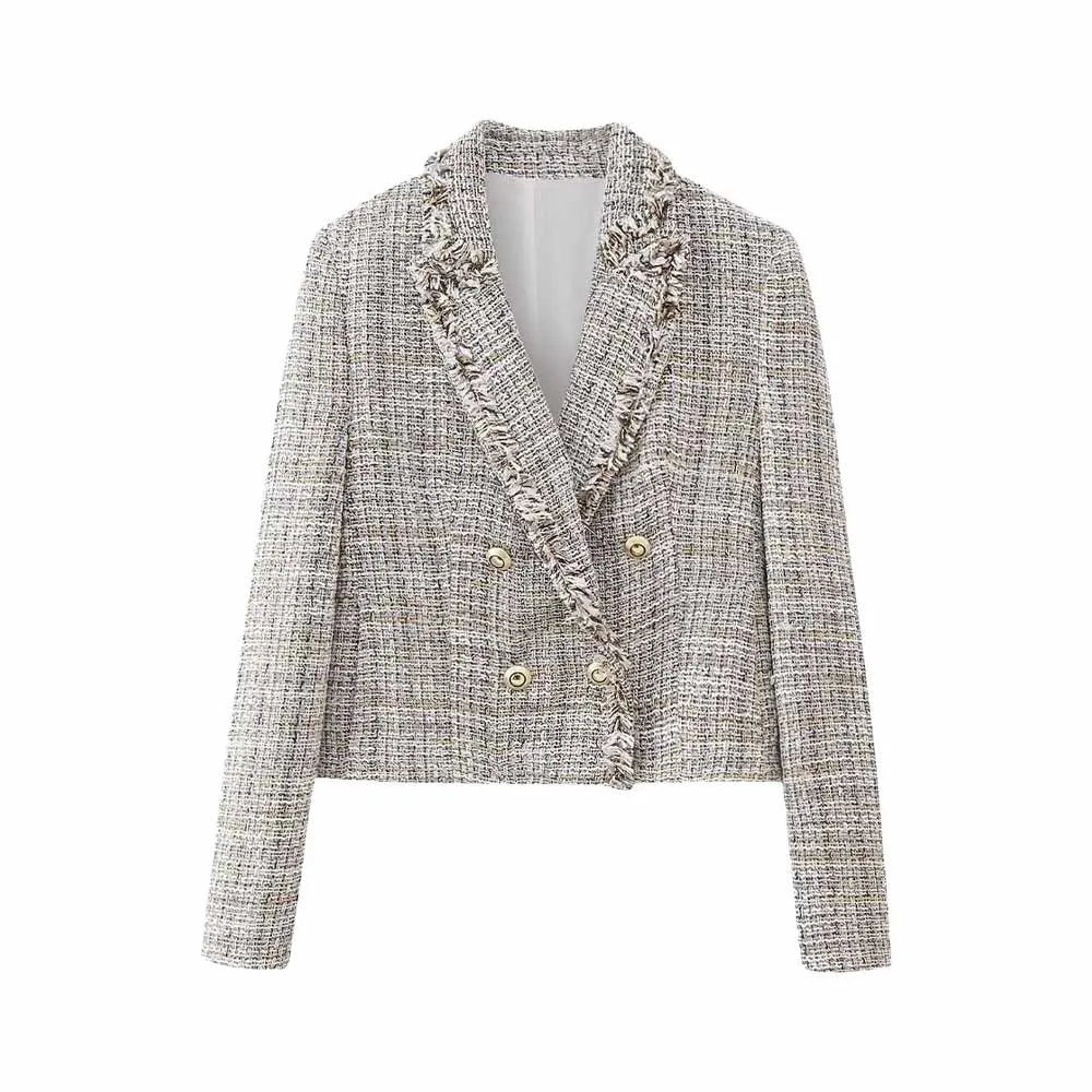 

TRAF Women's 2023 Fall New Office Texture Double-breasted Blazer Female Chic Short Temperament Suit Jacket Mujer 7623815