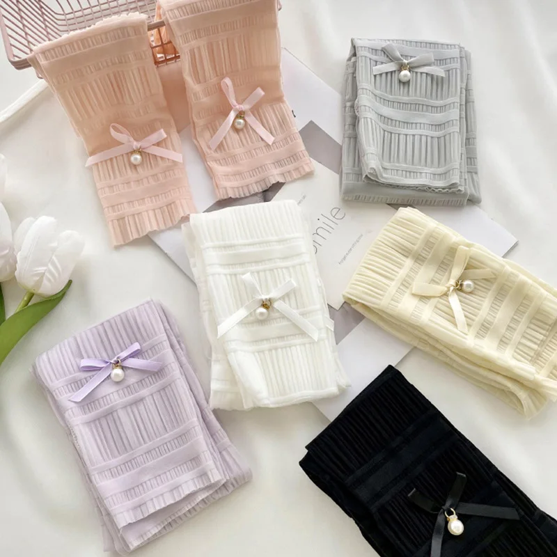 

Women's Summer UV Protection Lace Pleated Bow Tie Pearl Breathable Thin Sleeve Outdoor Driving Fingerless Long Sleeve
