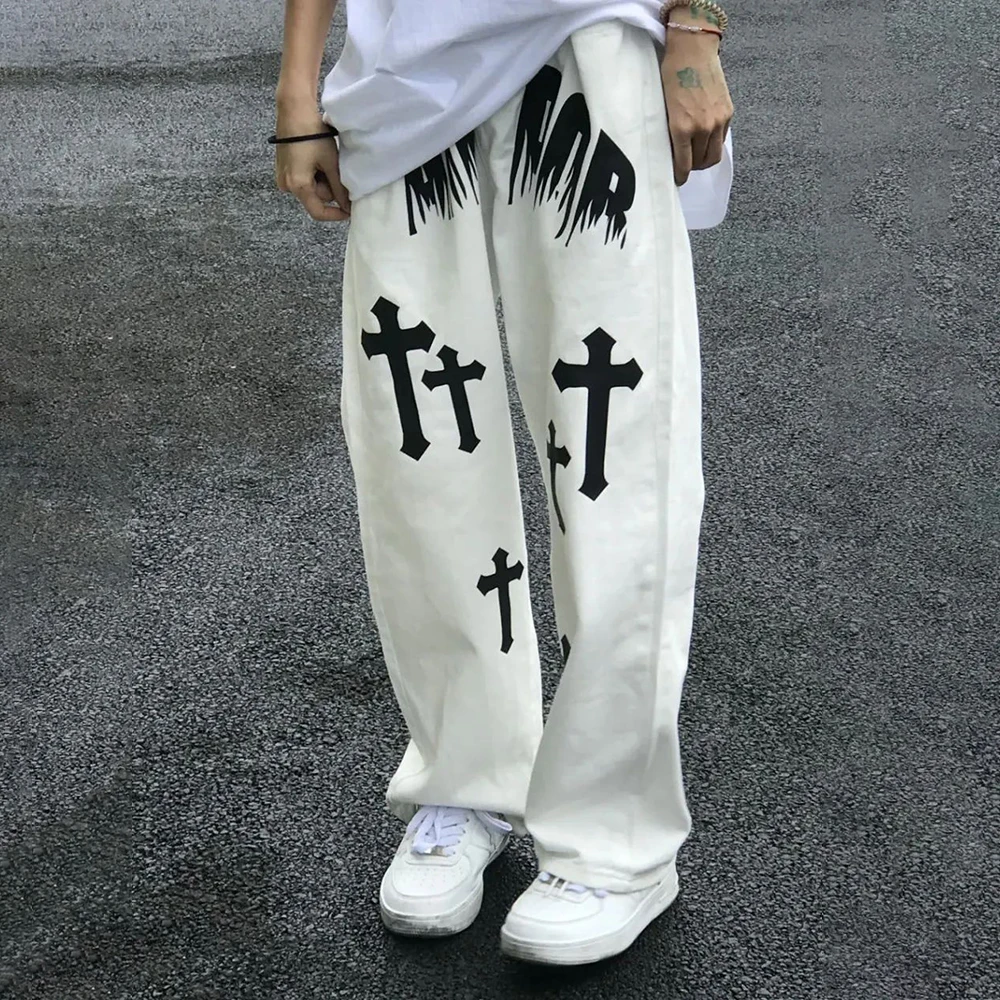 

American Style Washed Jeans Men's Trendy Brand Straight Pants White Loose Casual Pants Street Skateboard Hiphop Neutral Trousers