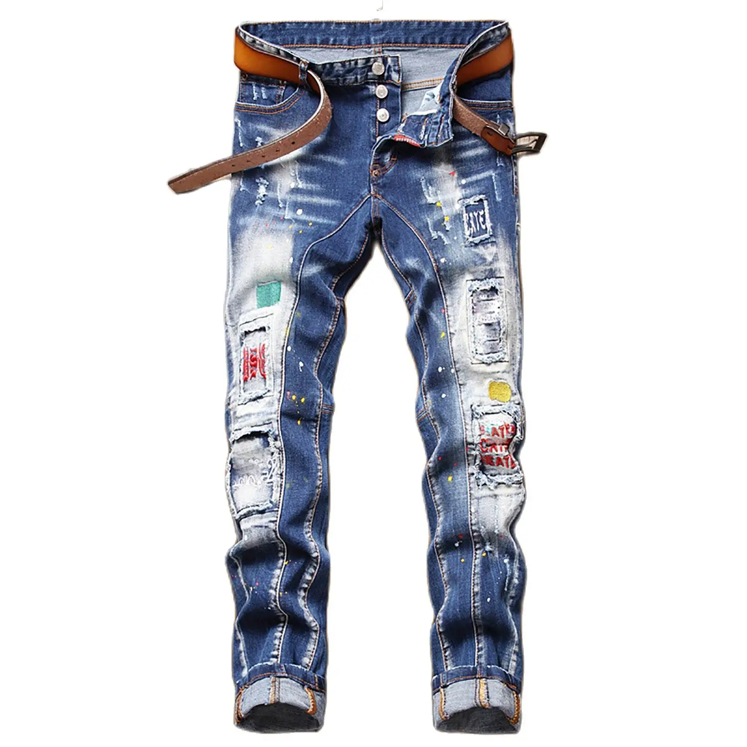 

Light luxury men’s slim fit patches ripped denim pants high quality color ink splash blue jeans scratches sexy embroidery jeans;