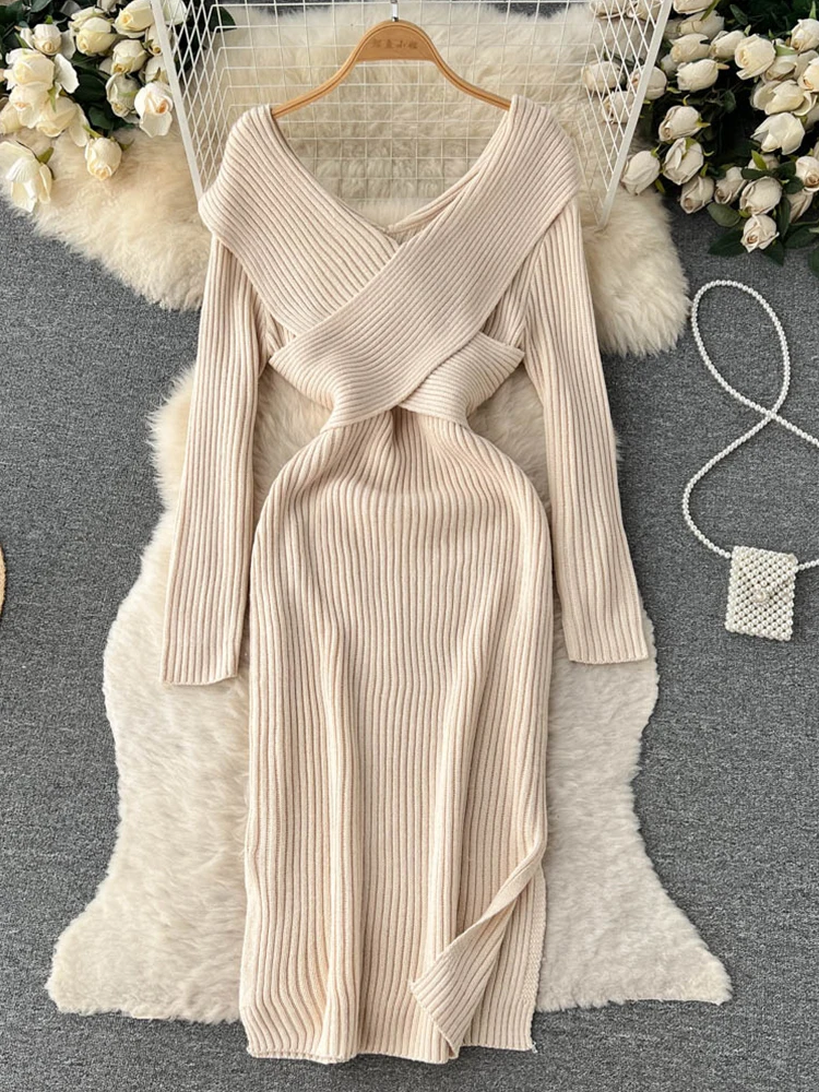 

FTLZZ осенне-зимнее Сексуальное Женское Платье с V-образным вырезом, винтажное женское облегающее платье в стиле ампир, повседневное женское в...