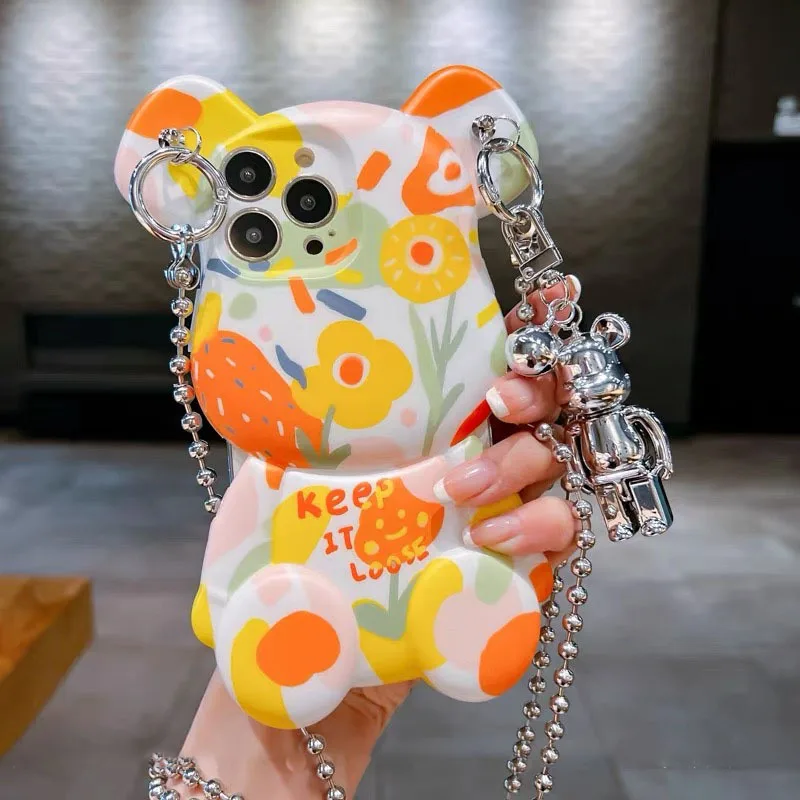 

Shockproof Armor Yellow Graffiti Flower Case For Iphone 13 14 12 11 Pro Max Cute Bear Shape Phone Protection Cover with Chain