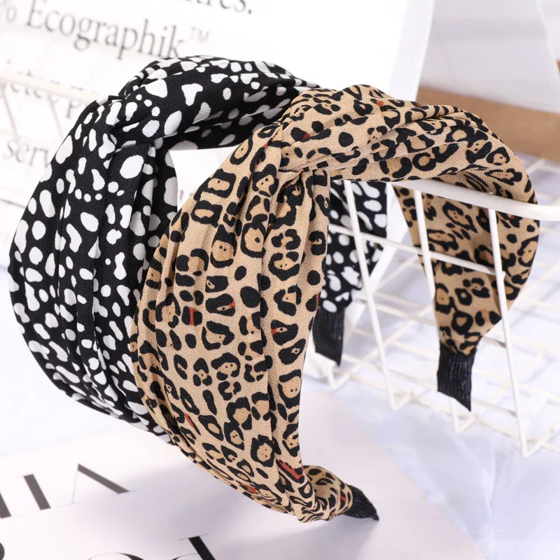 

Fashion Leopard Women's Hairband High Elastic Hair Band Wide Side Cross Knot Headband for Adult Girls Headwear Turban