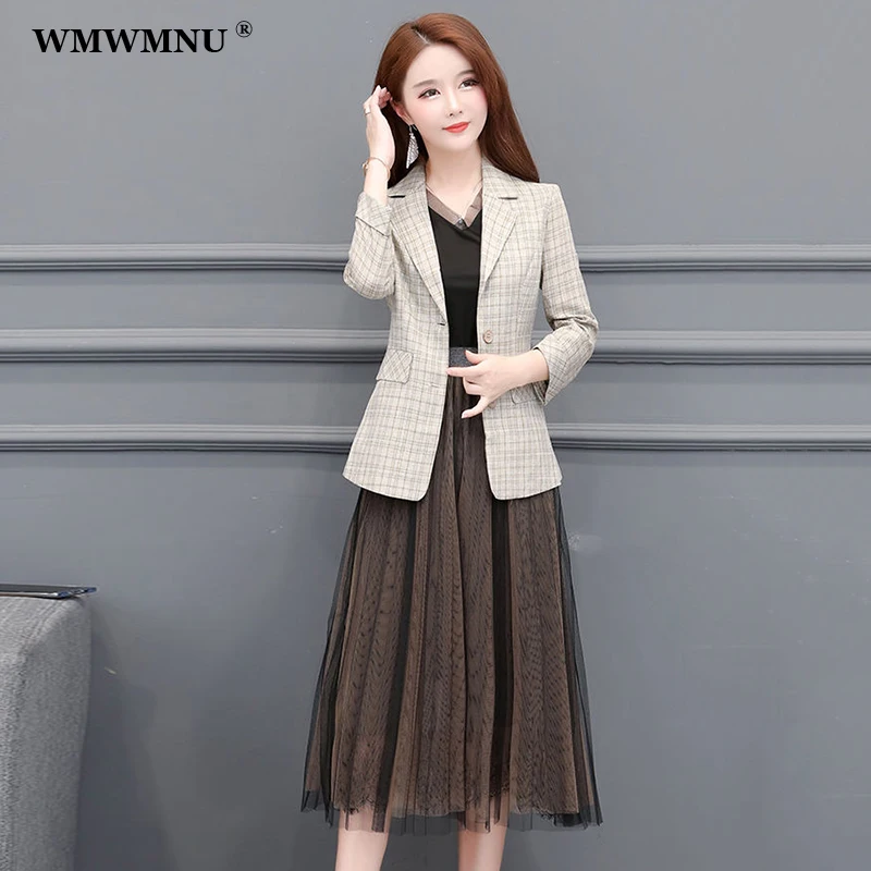

Vintage Midi Mesh Dress Suits Women's 2 Piece Set Korean Thin Unlined Plaid Blazer Jacket And Spliced Sleeveless Dresses Outfits