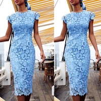 chic blue lace evening dress 2022 pencil o neck knee length short prom dresses cape sleeve women summer cocktail party dress