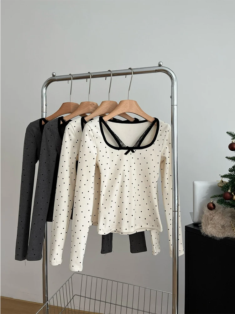 Весна 2025 года женский корейский кружевной укороченный топ в горошек эстетичная