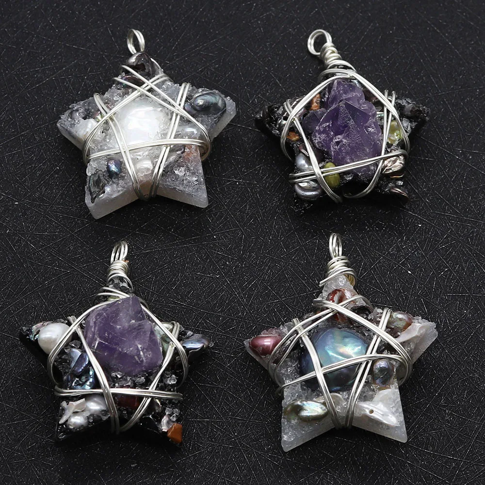 

Natural Pearl Pentagram Pendant Thread Wrapped Resin Healing Made Reiki DIY Ladies Elegant Necklace Accessories Size 35x40mm