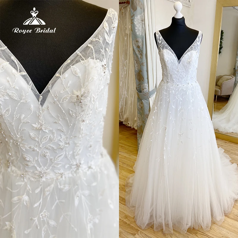 

Boho A-Line Wedding Dress For Women 2023 Bride V-neck Sexy Backless Off the Shoulder Lace Applique Beading Bride Gown Sweep robe
