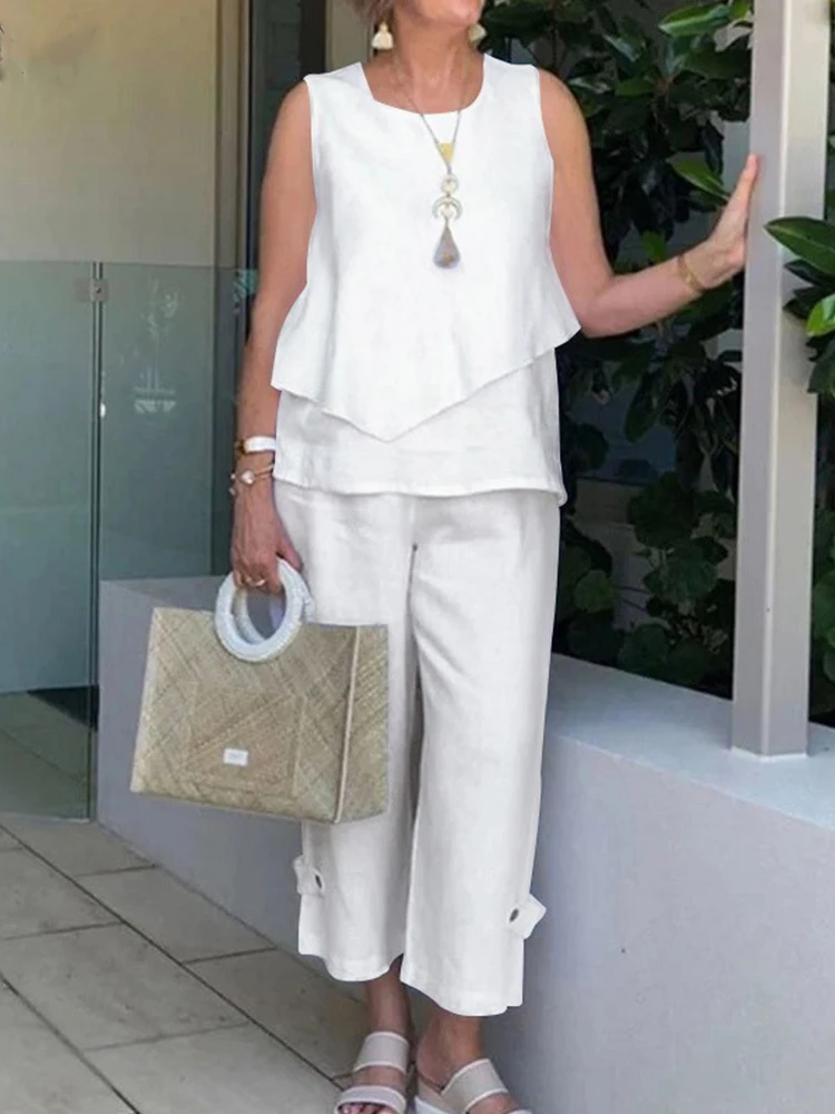 

Casual Loose Women Two Piece Sets Fashion O Neck Sleeveless Tops And Straight Cropped Pants Set Ladies Summer Solid Color Suits