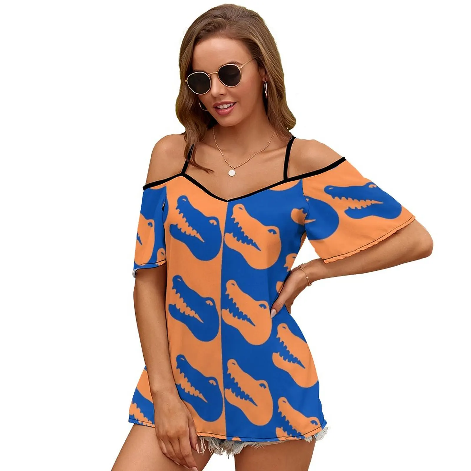 Orange And Blue Gator Patter Women Zipper Sexy Printed Vintage T Shirts Tops Full Print T-Shirt Uf Gator University Of Florida images - 6