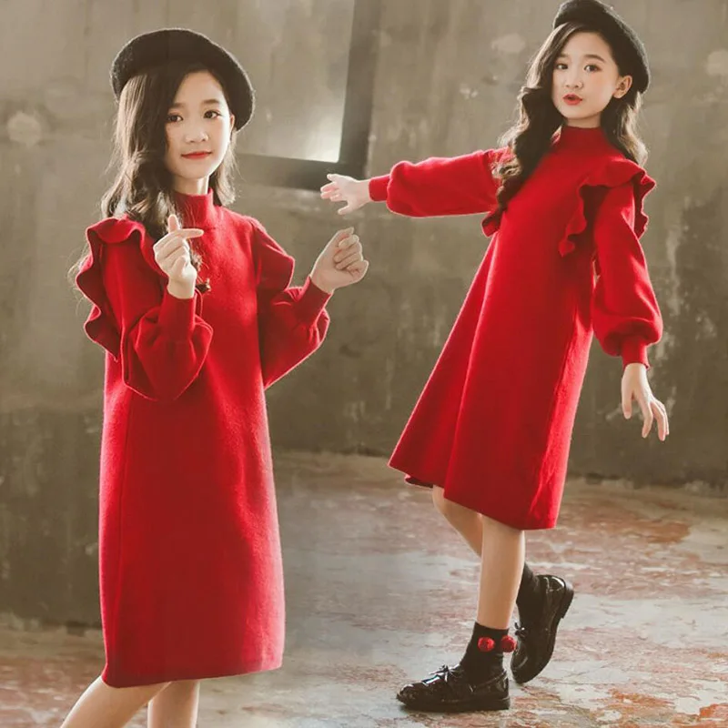 

Детское трикотажное платье-свитер с рюшами и длинным рукавом, 4-124 лет