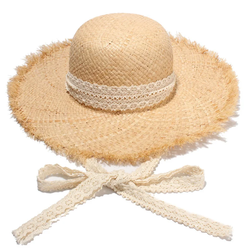 

Grace Ladies Summer Wide Brim Scarf Raffia Hat Women Sun Protection Beach Hat Girls Big Ribbon Visor Hat Casual Travel Straw Hat