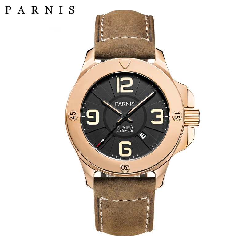 

Parnis 47mm Rose Gold Case Mechanical Automatic Men's Watch Sapphire Crystal Leather Strap Sports Miyota 8215 Watches For Men