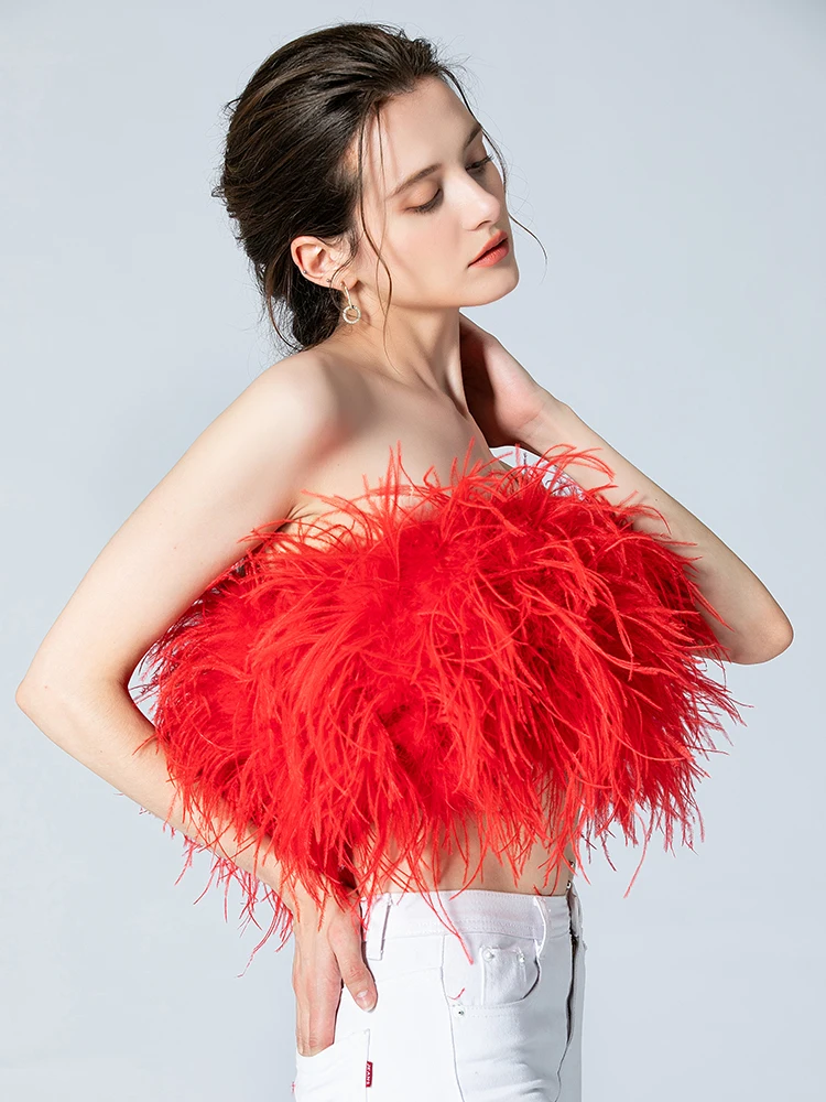 Enlarge Furry Real Ostrich Feather Corsets For Women Summer Sexy Crop Top Clothes Ladies Short Fur Coats 2022 Fashion Women Clothing