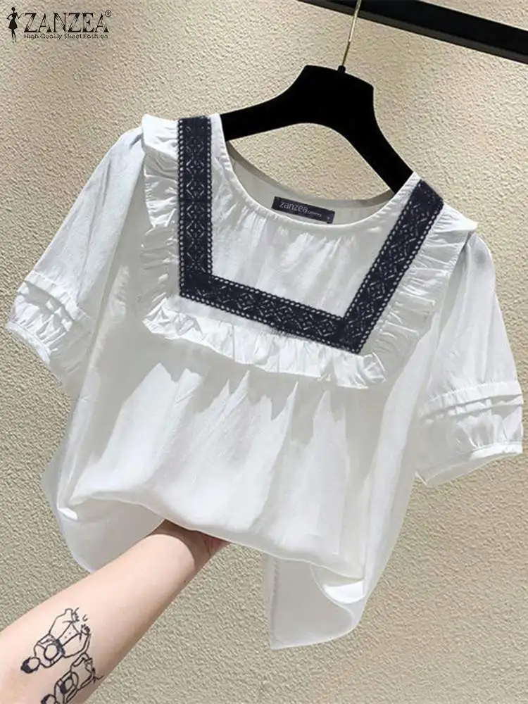 Летняя Блузка ZANZEA элегантная кружевная рубашка в стиле пэчворк женские