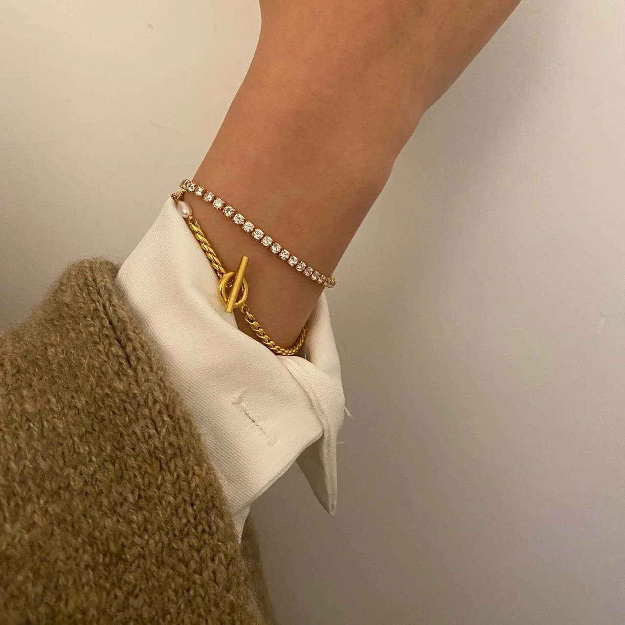 

q French Color Preserving 24k Simple Design Freshwater Zhen Bead Splicing Geometric Copy 100% Real Gold 24k Bracelet K1-1