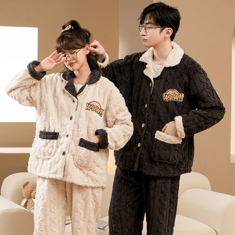 Winter Thick Pajamas Couple Fashion Lapel Home Clothes Sweet Cute Sleep Wear Suit