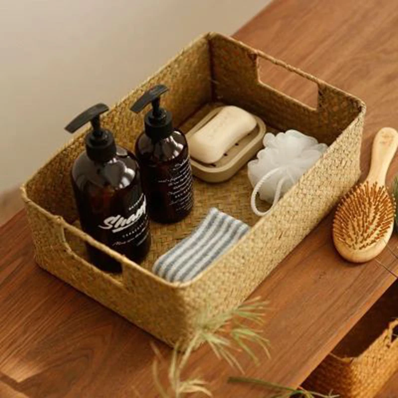 

Hand-Woven Rectangular Storage Seaweed Basket Container Sundries Organizer Wicker Basket Houseware Eco-Friendly Closet Basket
