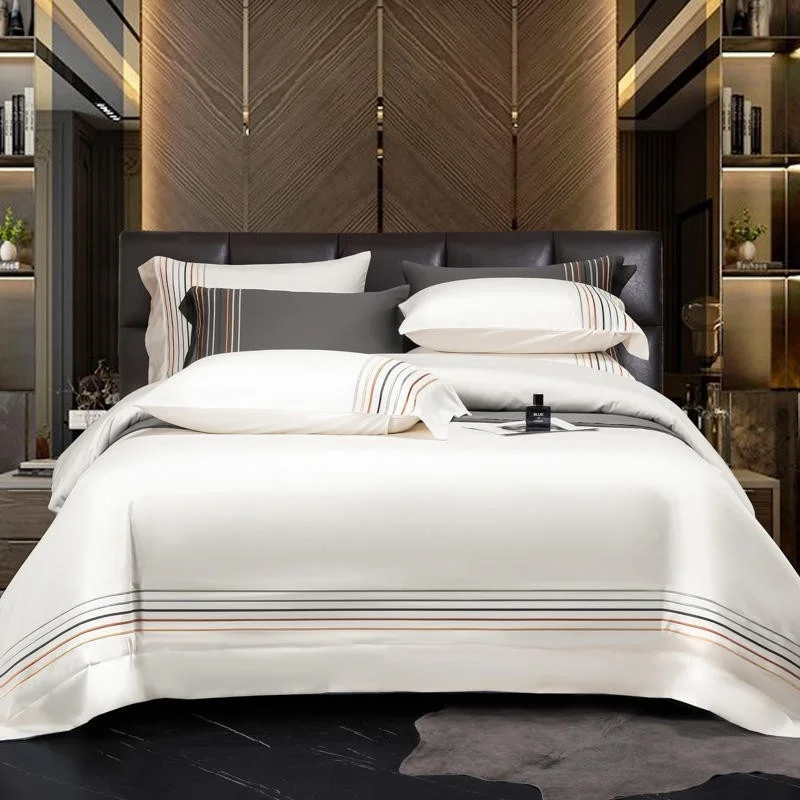 

600TC Egyptian Cotton Stripe Embroidery Duvet Cover Set White Dark Grey Double Queen King 4Pcs Bedding set Bed Sheet Pillowcases