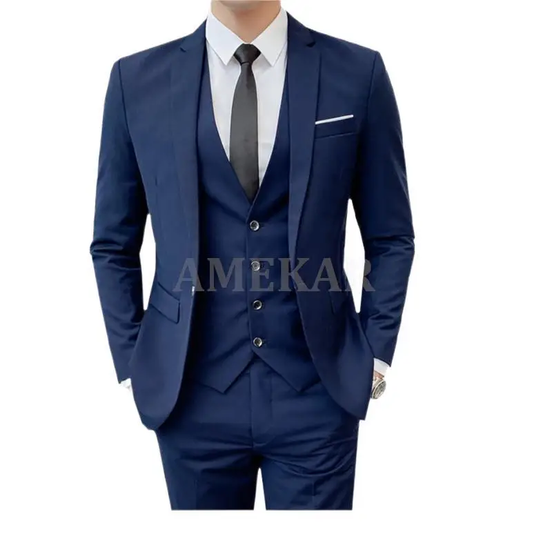 

Business Men's Groomsmen Blazers Trouser Groom Wedding Dress Banquet Solid Color Slim Fit Suit Jacket Coat Vest Pants Set 3 Pcs