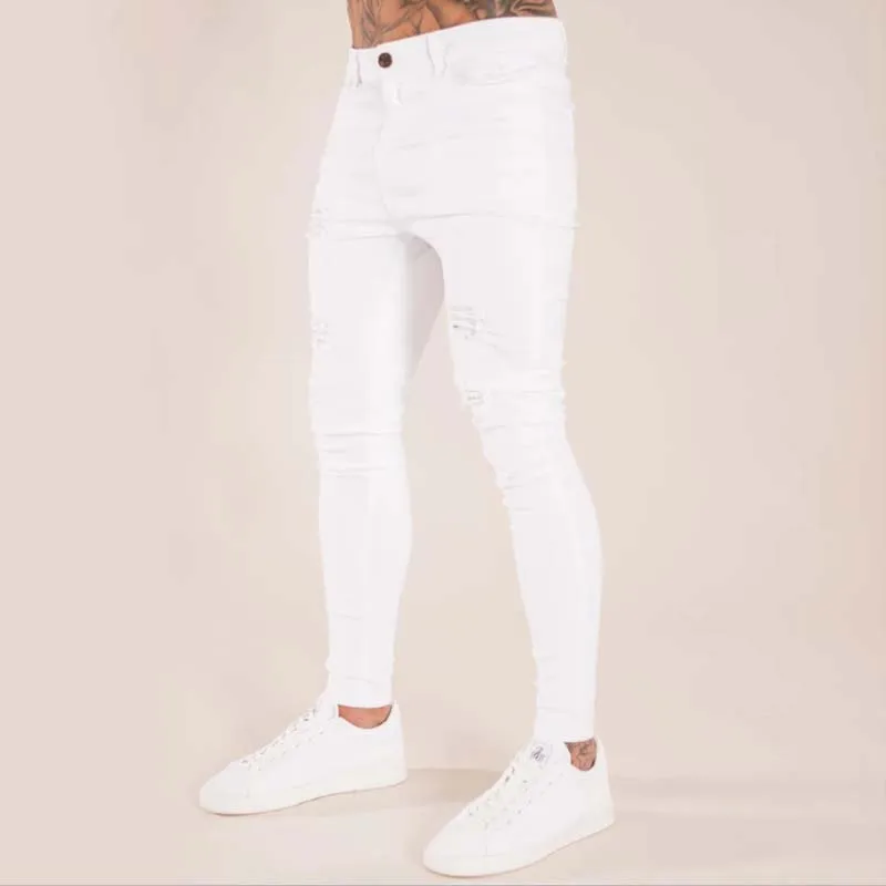 2022 New Men's Skinny Ripped White Jeans Fashion Casual Elastic Cotton Slim Denim Pants Male Brand Clothing Pantalon Homme