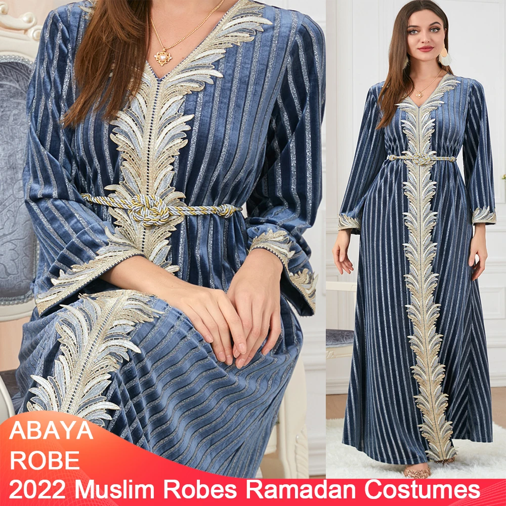 Dubai Women's Clothes Long Sleeves Autumn And Winter Women's Wear Long Skirts Embroidered Velvet Dresses Muslim Robes Ramadan