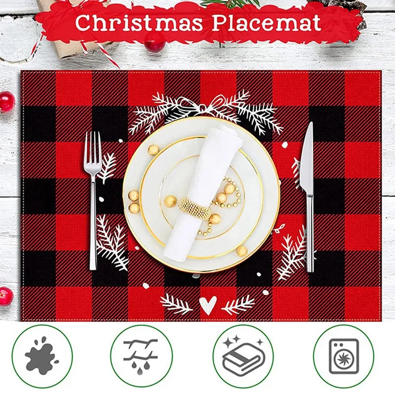 

Christmas Placemat Printed Red And Black Plaid Cotton And Linen Cloth Western Dinner Mat Table Anti-stain Heat Insulation Mat