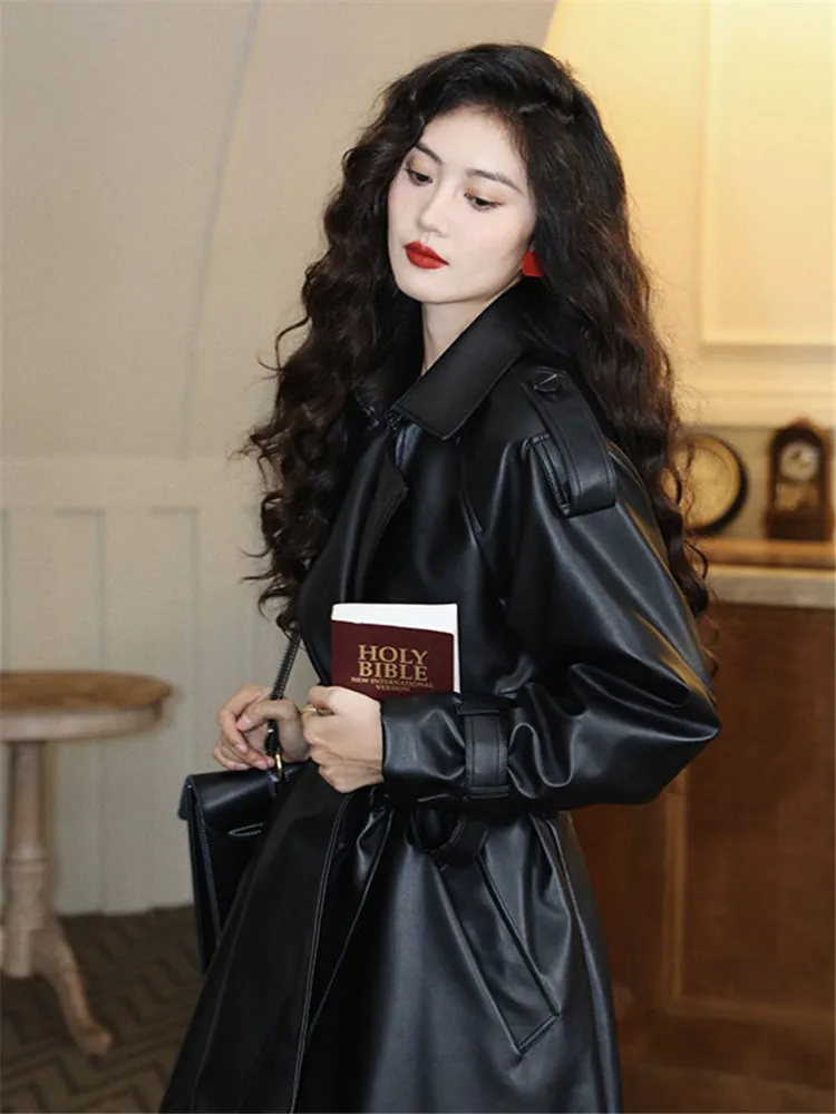 Coat Female Spring and Autumn New Solid Color Lapel Lace-up Mid-length PU Leather Trench Coat Loose Fashion Women's Clothing 606