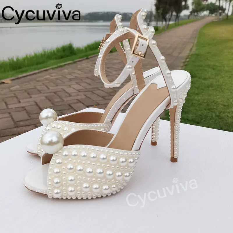 

High Quality Full Pearls Sandals High Heels Party Shoes Woman Summer Peep toe Shoes Ankle Buckle Runaway Sandalias Mujer