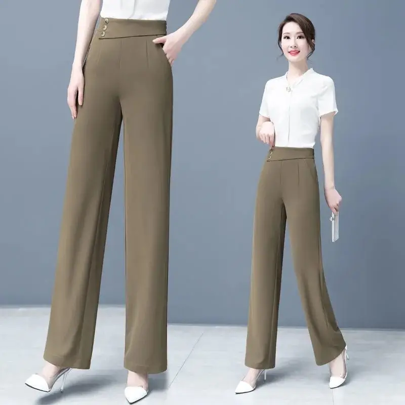 

Women 2022 Summer Fashion Ice Silk Wide-leg Pants Female Thin Solid Color Trousers Ladies Loose High Waist Straight Pants P244