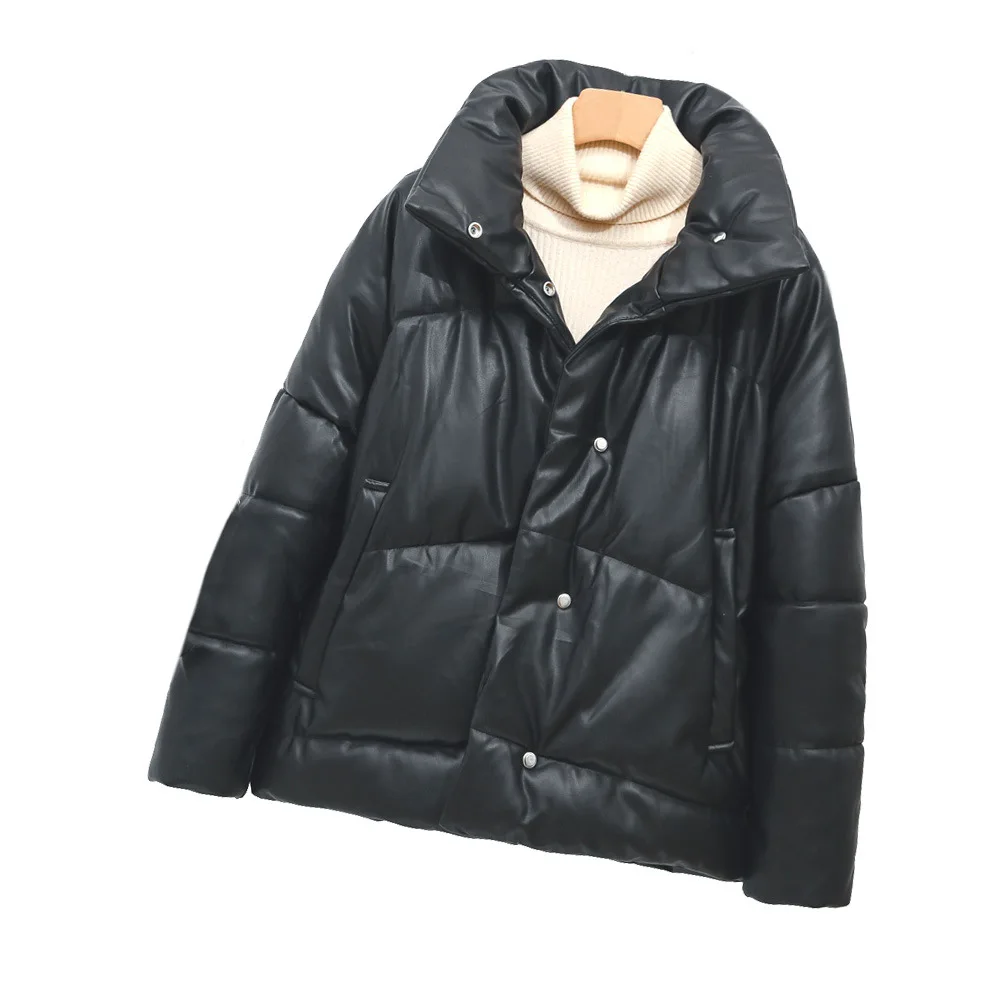 2022 Winter New Women's PU Leather Cotton Shirt Single Breasted Stand Collar Short Leather Jacket Slim Fit Jacket