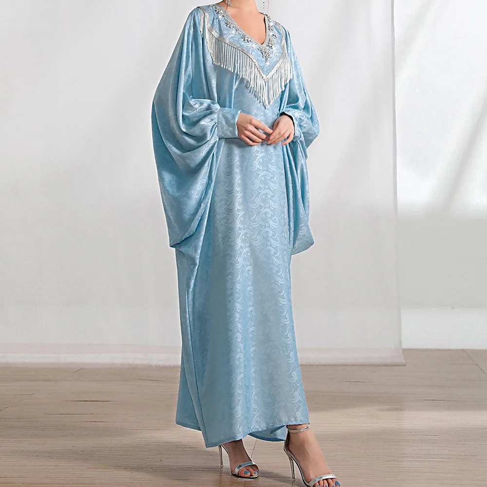 Women Spring and Summer Muslim Celebrities Handmade Beads Fringe Bat Shirt Robe Turkey Abaya Arab Morocco Kraftan Robe