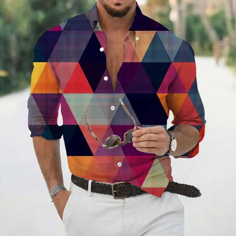 Spring Autumn Men's Geometric Print Hawaiian Casual Shirts Streetwear Men's Cardigan Premium Long Sleeve Dress Shirts