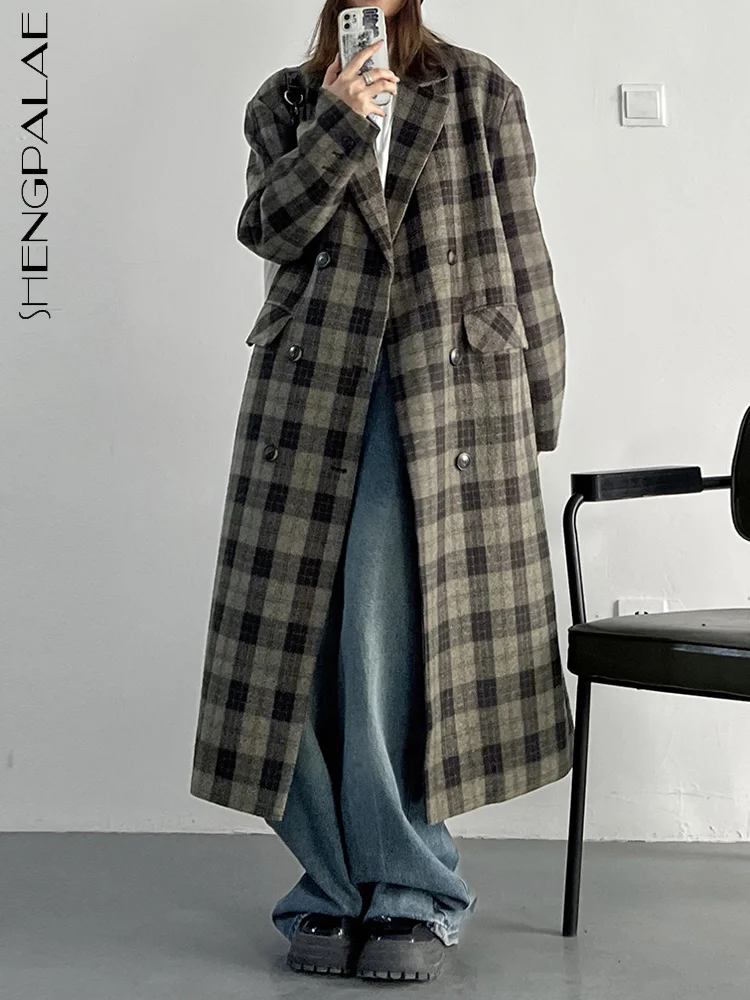 

SHENGPALAE модное клетчатое Женское шерстяное пальто с зубчатым воротником, двубортное Прямое пальто, верхняя одежда, осень 2023, новинка 5R4838